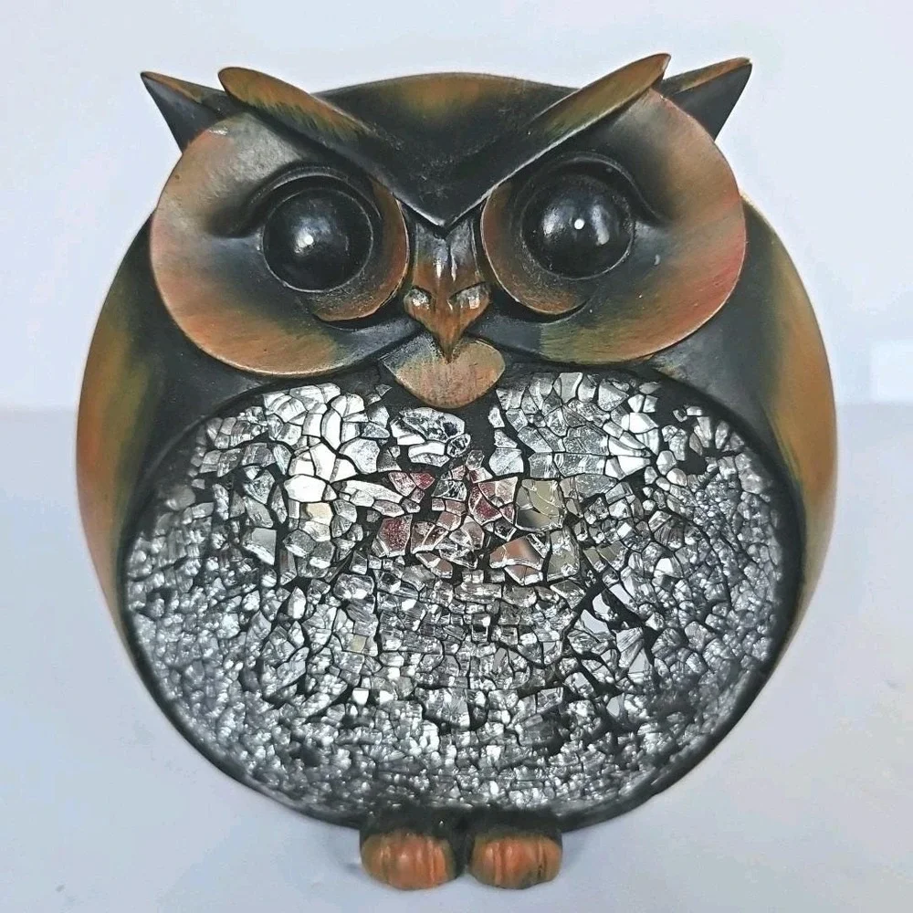 Vintage Mosaic Mirror Owl Wood Figurine Decor Home Shiny Outdoor Woodsy 1692
